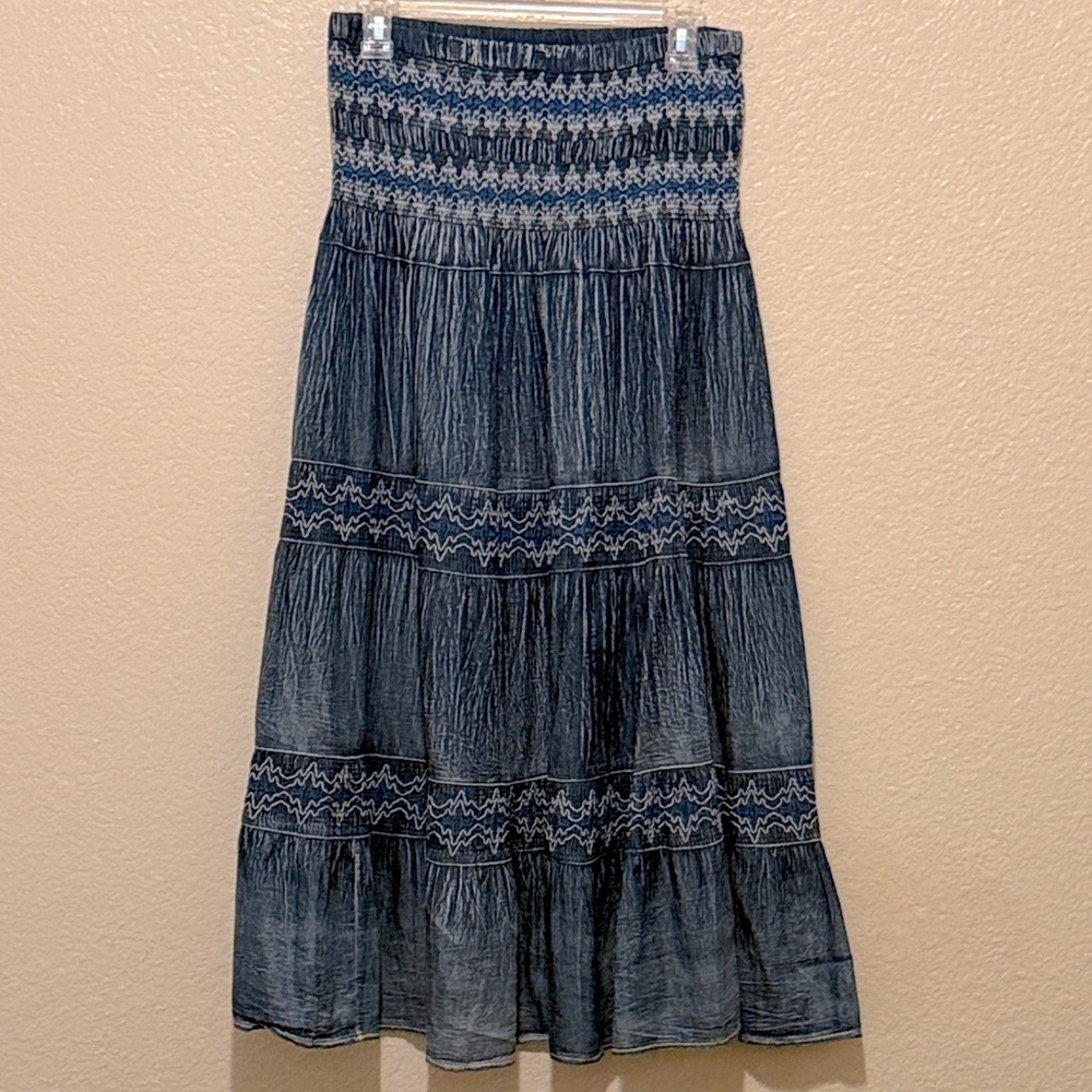 Lapis Indigo Denim Tiered Bohemian Cottage Maxi Skirt / Dress